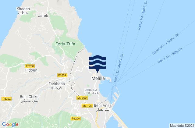 Melilla, Spain tide times map