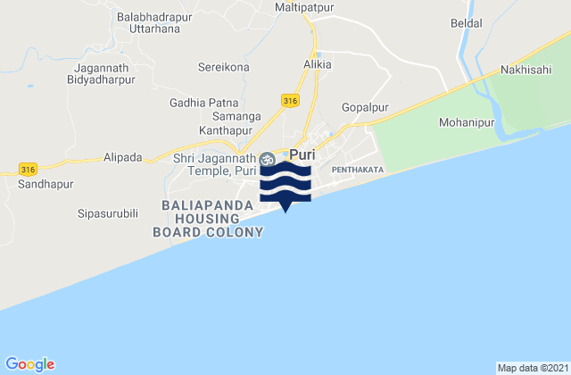 Puri Beach, India tide times map