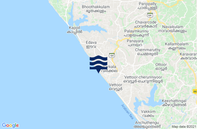 Varkkallai, India tide times map