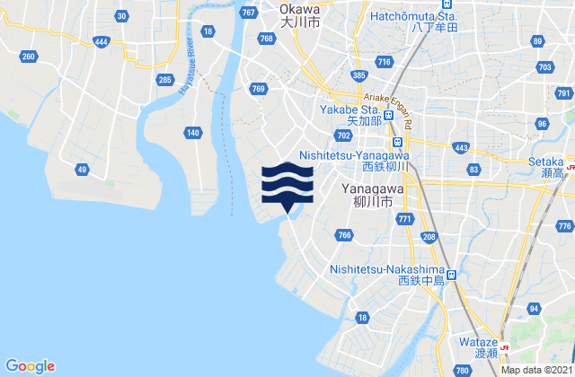Yanagawa, Japan tide times map