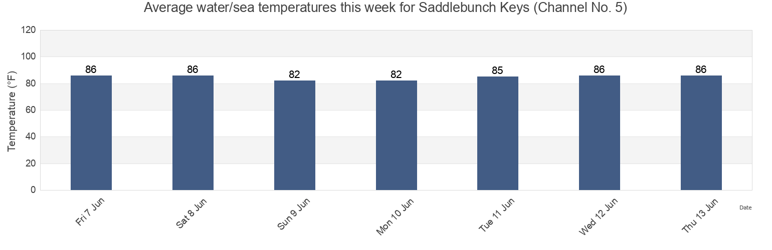 Water temperature in Saddlebunch Keys (Channel No. 5), Monroe County, Florida, United States today and this week