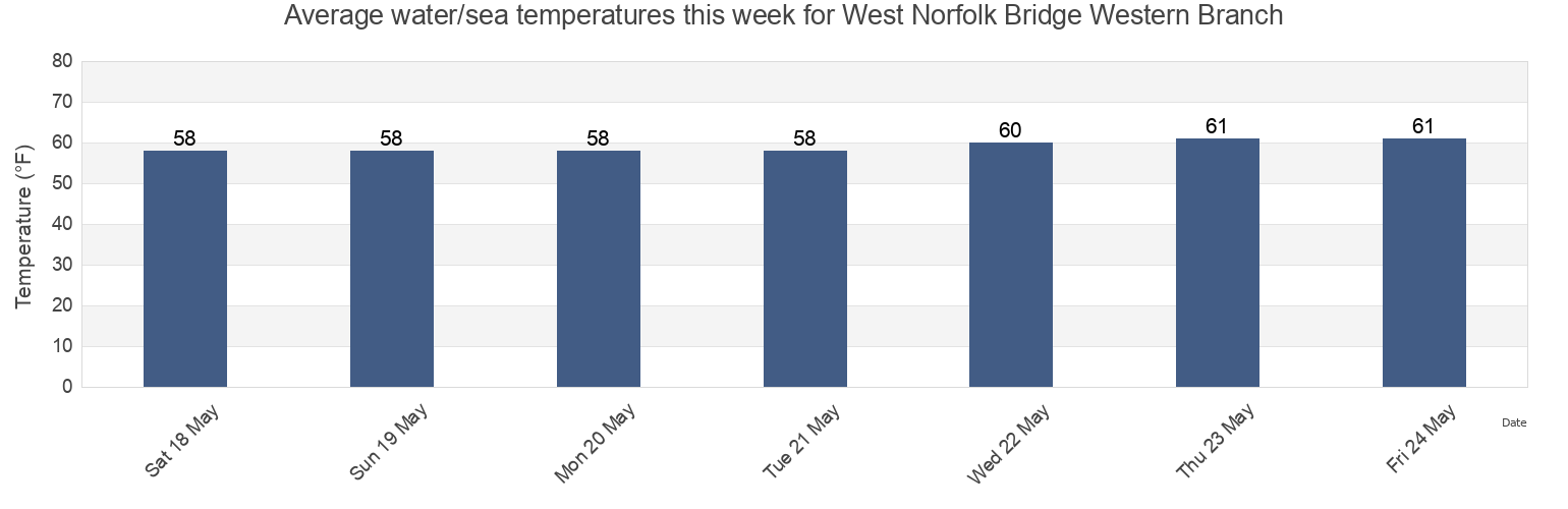 Water temperature in West Norfolk Bridge Western Branch, City of Portsmouth, Virginia, United States today and this week